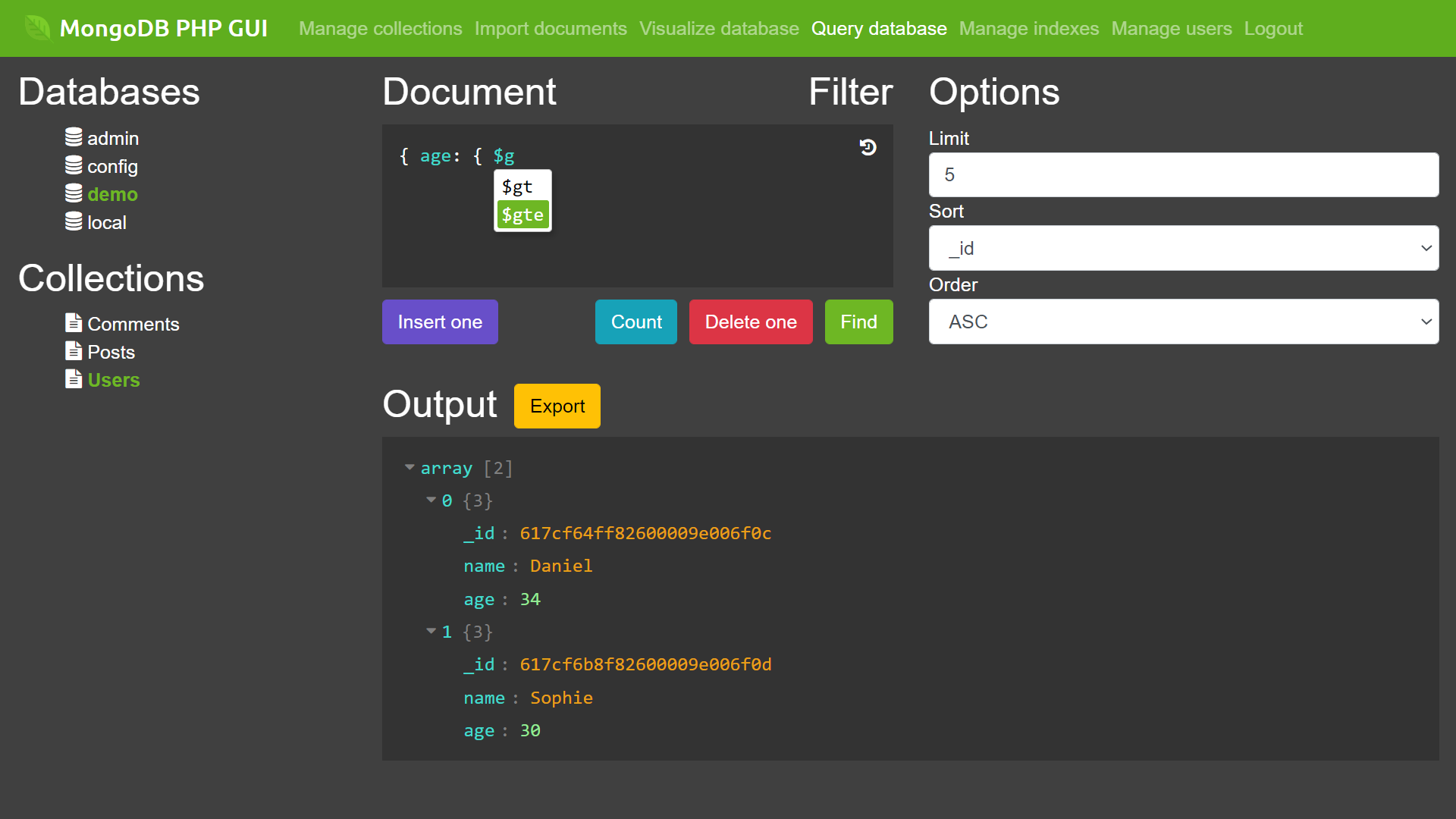 MongoDB PHP GUI - Query Database