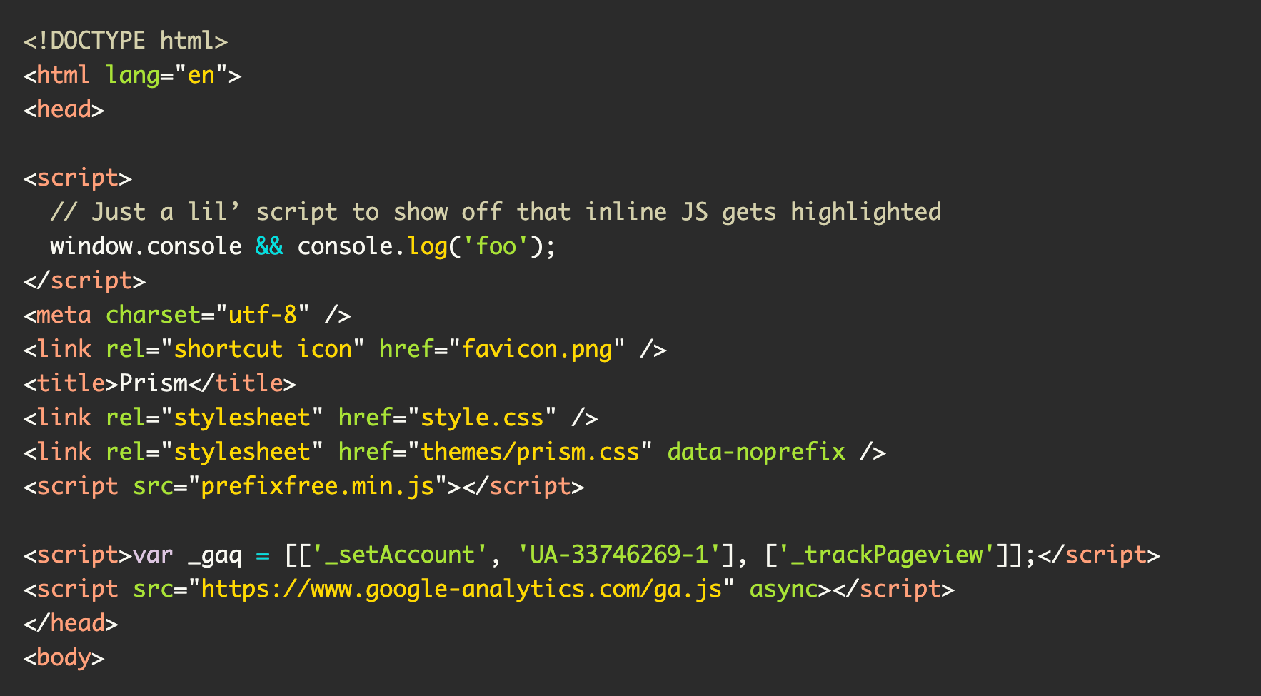 The a11y-dark theme being applied to the HTML of the Prism.js website. Screenshot.