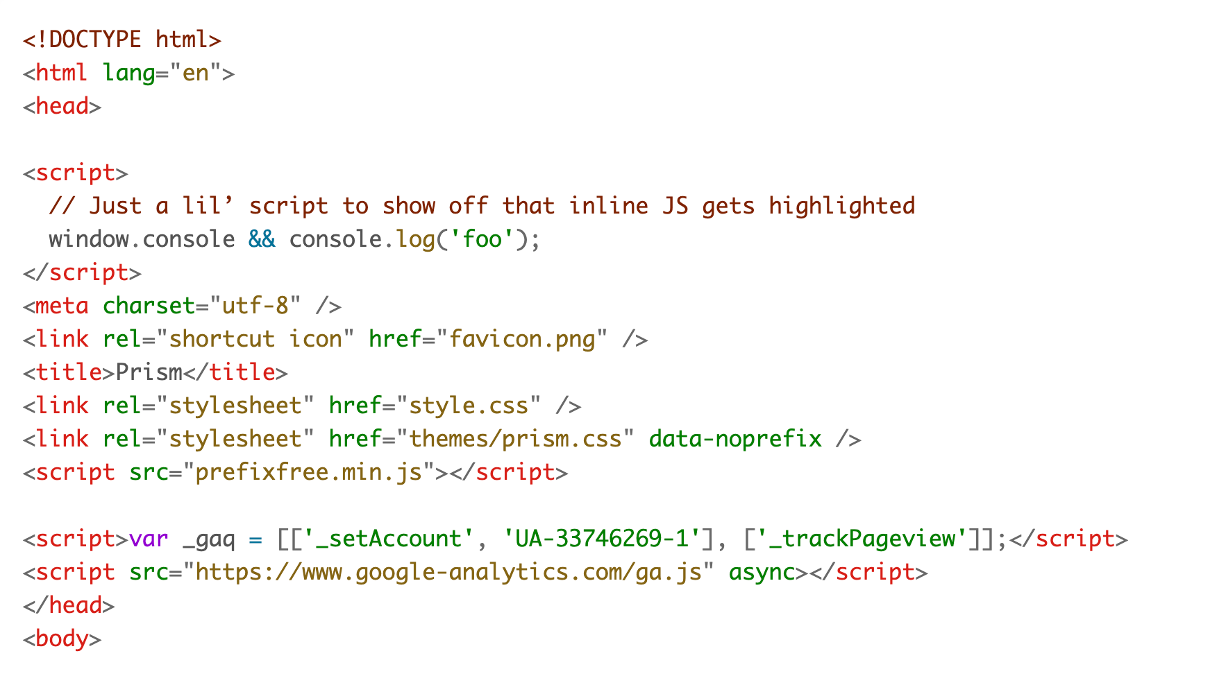 The a11y-light theme being applied to the HTML of the Prism.js website. Screenshot.