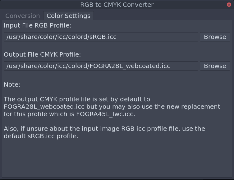 RGB2CMYK settings