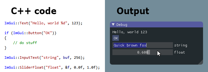 screenshot of sample code alongside its output with dear imgui